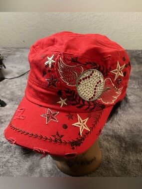 Embellished Blue Baseball Cap with Rhinestone Baseball & Stars